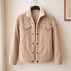 Levi's Premium Ex Boyfriend Corduroy Sherpa Trucker Jacket Beige Size XS